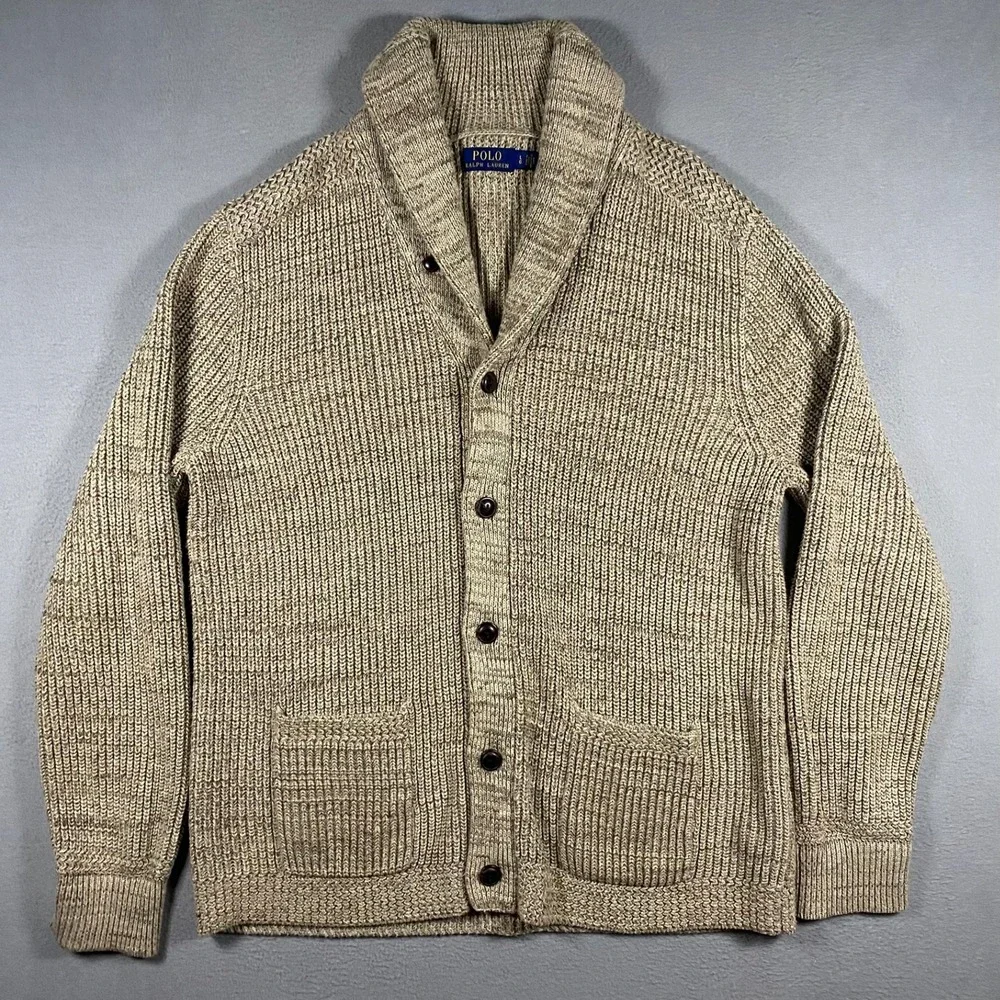 Polo Ralph Lauren Cardigan Mens Large Shawl Collar Cotton Knit Button Sweater
